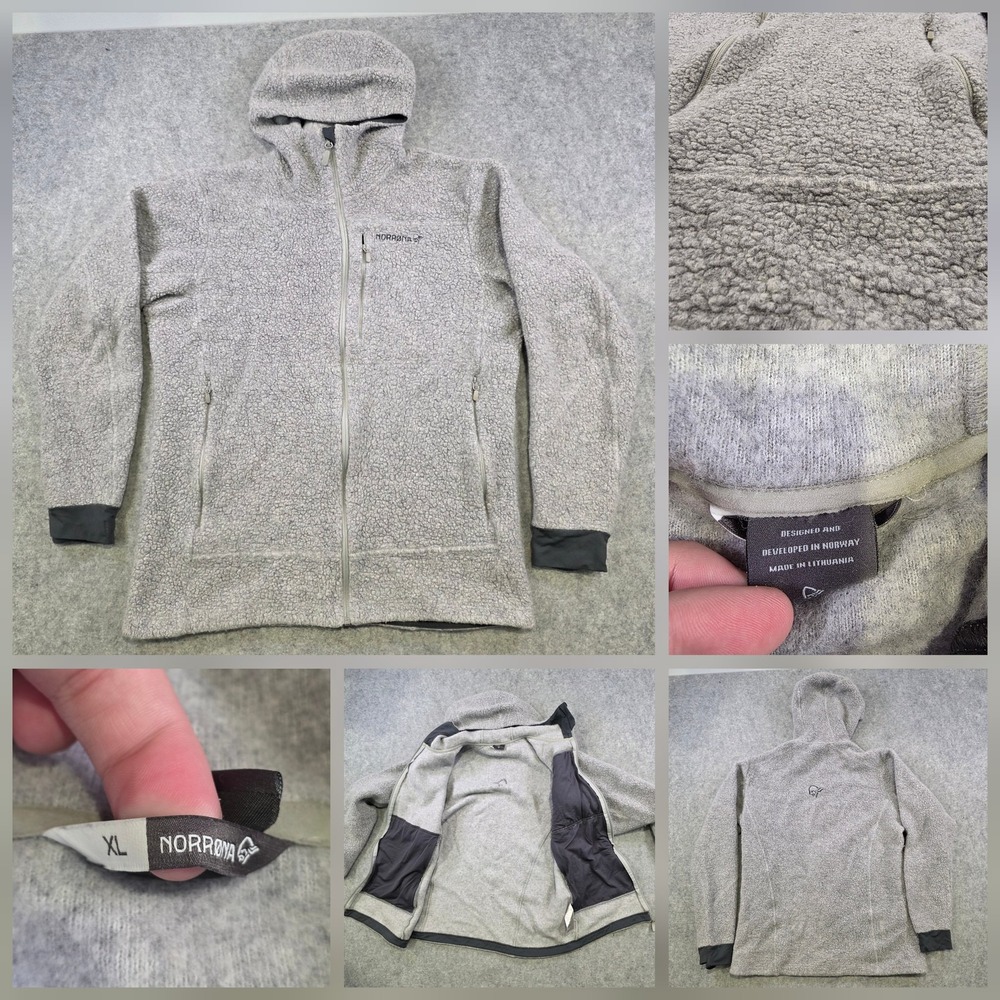Norrona Warmwool3 Fleece Jacket Mens XL Gray Hooded Full Zip Sherpa High Pile